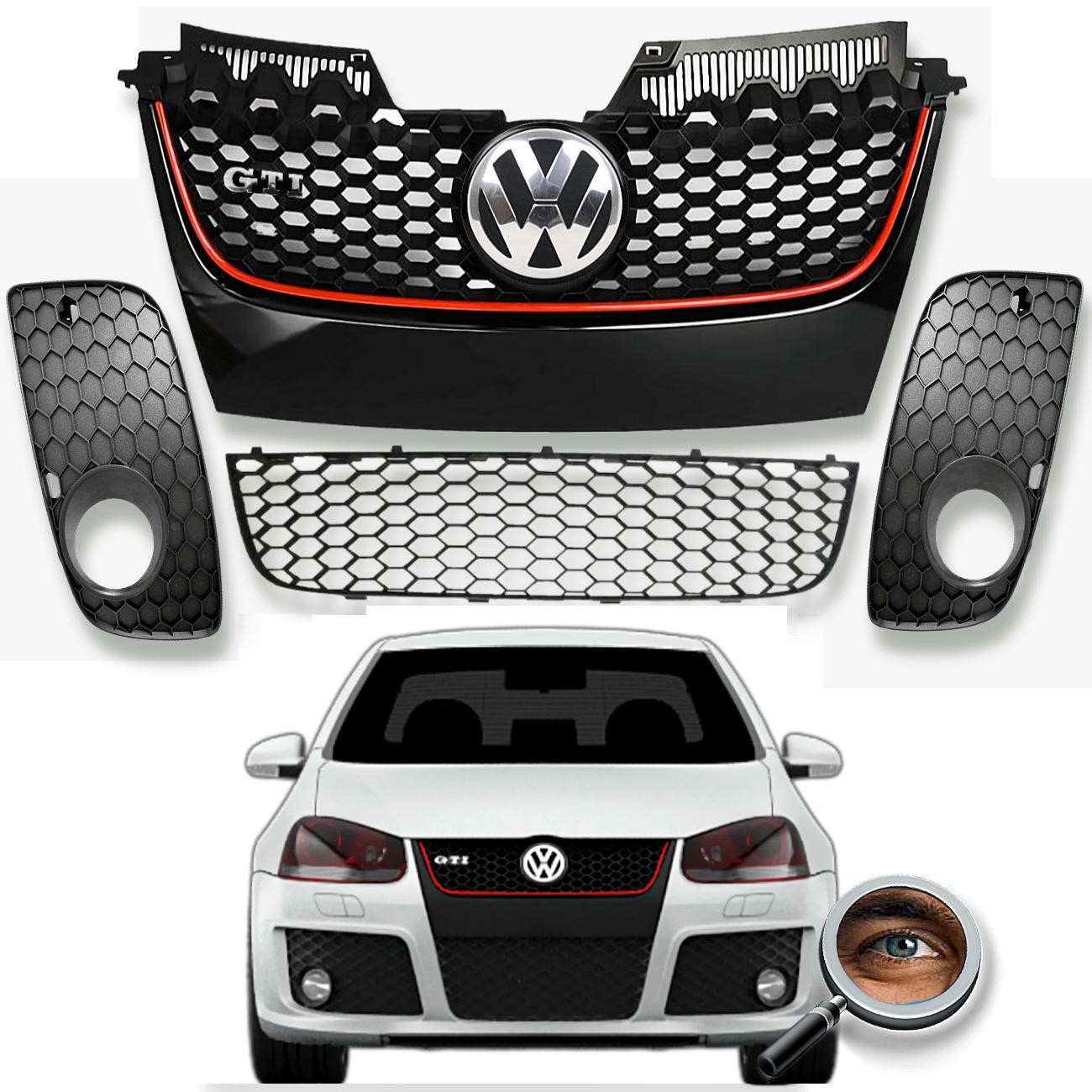 Set Completo VENTO MK5 / Negro Brillante / Vira Roja
Parrilla con Emblema / Parrilla Inferior / Paneles Antiniebla