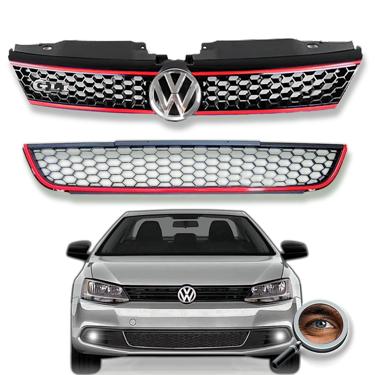 Set Parrilla VENTO MK6 / Negro Brillante / Vira Roja
Superior e Inferior con Emblema 2011 - 2014 