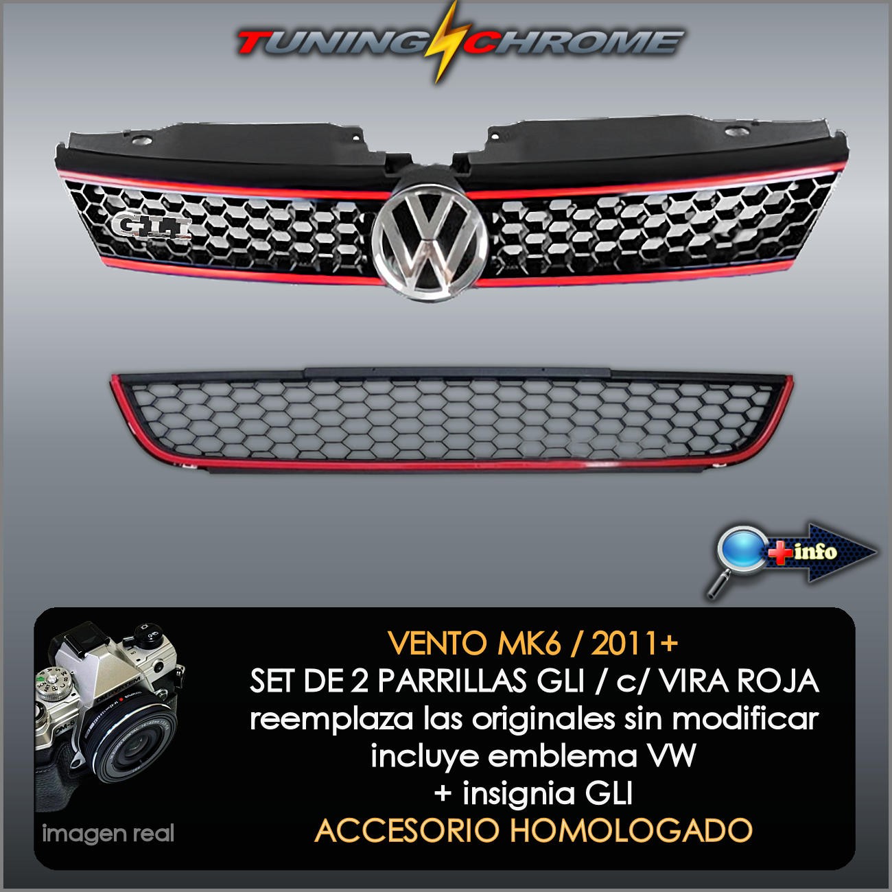 Set Parrilla VENTO MK6 / Negro Brillante / Vira Roja
Superior e Inferior con Emblema 2011 - 2014 