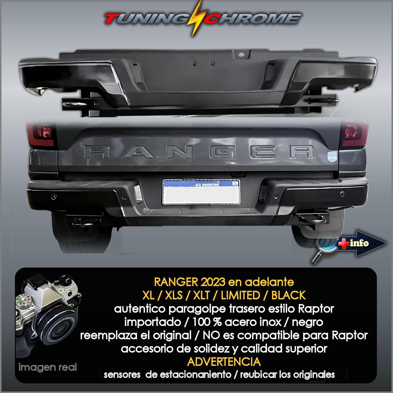 RANGER XL XLS XLT LIMITED BLACK / Paragolpe Trasero Estilo RAPTOR / Negro
2023 - 2026